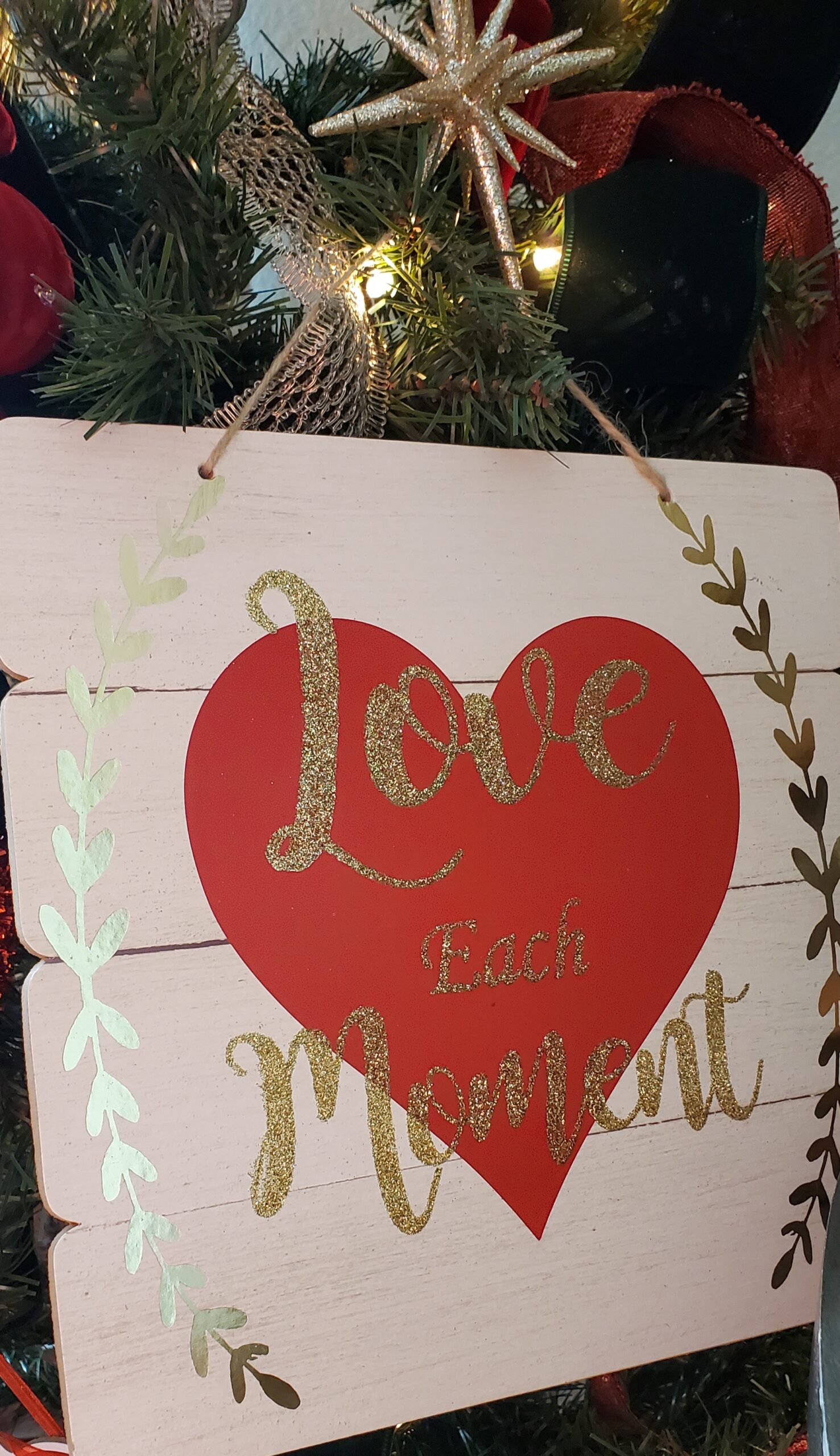 White wooden red heart love each moment ornament